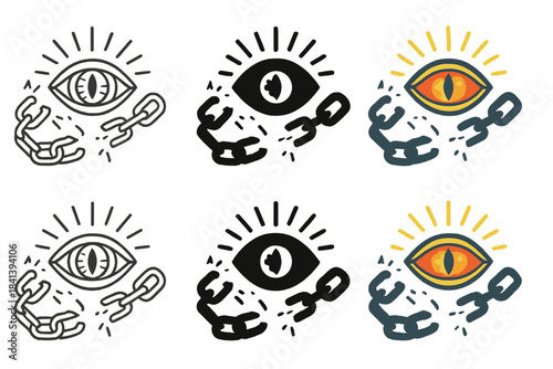 Radiant Dragon Eye. Broken chain releasing a radiant dragon eye glowing with inner fire, minimal vector composition, first in line