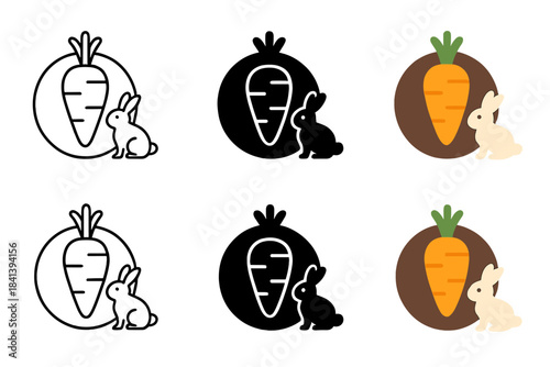 Rabbit Burrow Icons. Circular burrow entrance shaped like a carrot outline with a small rabbit beside it, minimalist symbolic