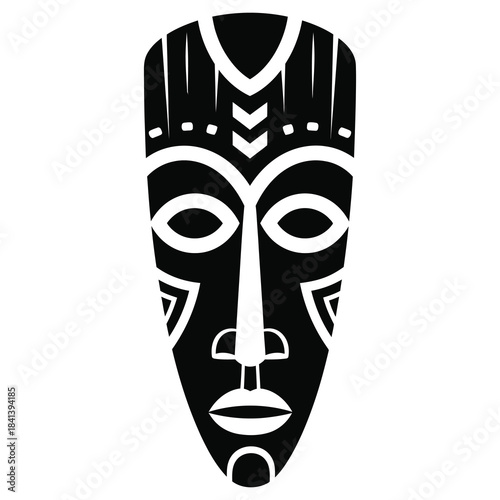 African Tribal Mask Clipart – Black and White Symmetrical Design with Geometric Patterns and Cultural Symbolism