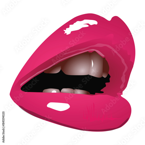 Red glossy lipstick kiss on woman's smile vector illustration