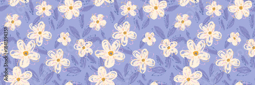 Seamless vector floral pattern with pale crayon style flowers and leaves on a pastel blue background. Abstract hand drawn texture, template for summer or spring textiles and wrapping paper