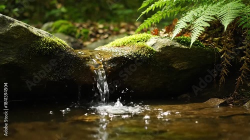 A tranquil small waterfall cascades over mossy rocks in a lush green forest, capturing the serene beauty and pure essence of nature's stream