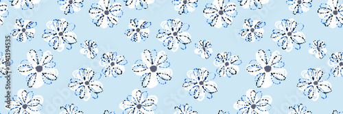 Seamless vector pattern with sketchy white daisies and navy centers on a pastel blue background. Playful and cheerful design for children s products, stationery, and spring themes