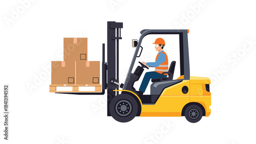 Man driving a forklift with cardboard boxes on a pallet