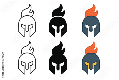 Warrior Helmet Icons. Helmet icon with flame-shaped plume representing fierce warrior spirit, clean minimal geometry, first in