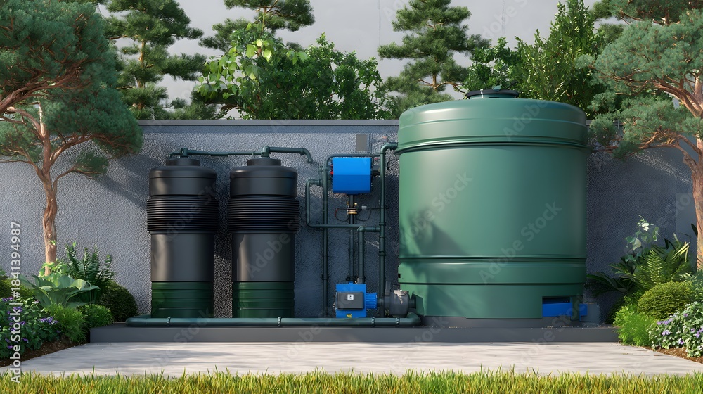 Obraz premium Sustainable rainwater harvesting system showcasing modern eco technology outdoors