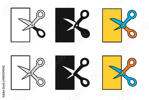 Geometric Scissors Art. Scissors halfway through paper creating sharp straight tear, balanced geometric layout, first in line