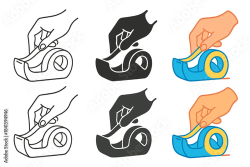 Tape Dispenser Artistry. Hand pulling tape from dispenser creating smooth adhesive line, simple motion detail, first in line style