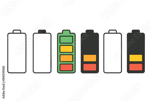 Colorful Battery Evolution. Battery silhouette split into sections indicating energy levels, smooth digital feel, first in line