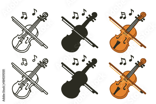 Stylized Violin Melody. Violin with bow gliding across strings producing melody, first in line style with thin outline, second in