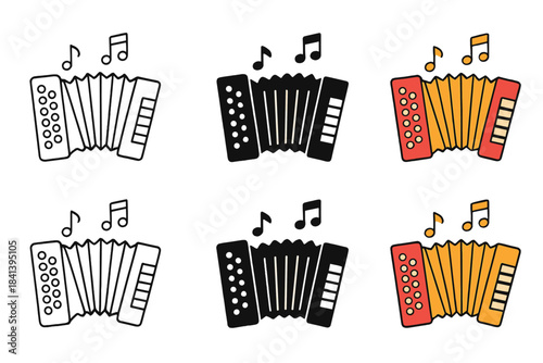 Accordion Style Evolution. Accordion with bellows expanding and musical notes floating, first in line style with thin outline,