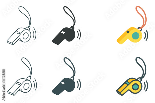 Whistle Art Styles. Whistle with lanyard swinging and visual sound waves, first in line style with thin outline, second in solid
