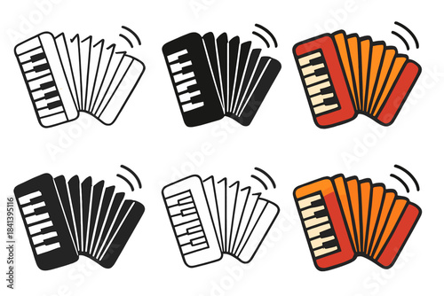 Accordion in Motion. Close-up of accordion keys and bellows in motion with musical arcs, first in line style with thin outline,