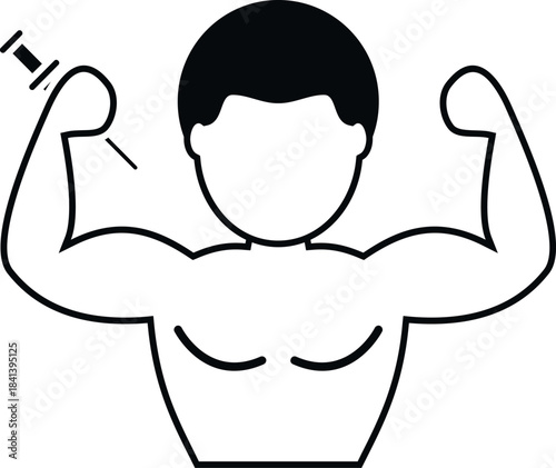 Muscular man with a syringe in arm, representing doping and steroid use