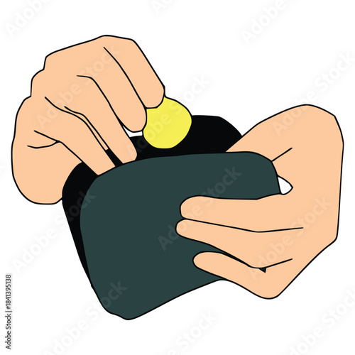 Coin Purse Clipart – Hands Holding Wallet and Yellow Coin in Black and White Style