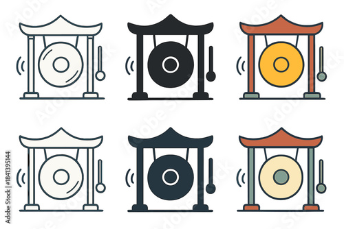 Temple Gong Variations. Temple gong with serene atmosphere and sound wave symbols, first in line style with thin outline, second