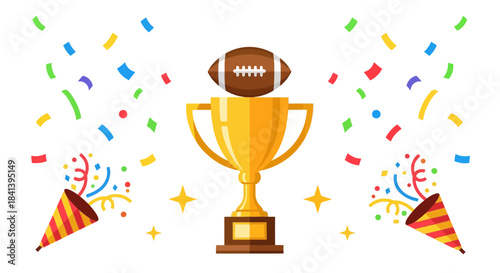 American Football Trophy Celebration with Confetti and Party Poppers.
