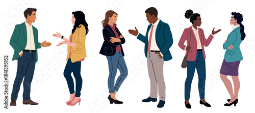 Diverse business professionals standing and talking in pairs in coclorful smart casual attire. Modern, minimal style Flat vector illustration isolated on transparent background