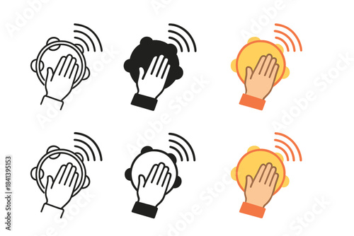 Tambourine Rhythm Waves. Hand striking tambourine producing rhythmic musical waves, first in line style with thin outline, second