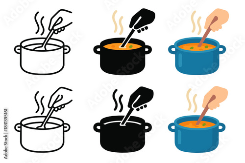 Soup Stirring Styles. Hand stirring soup in pot with visible steam arcs, first in line style with thin outline, second in solid