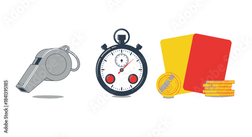 Set of referee equipment including whistle stopwatch and cards.