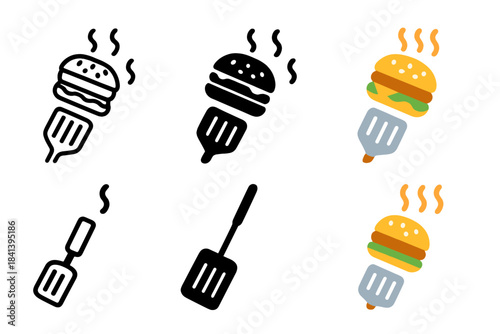 Illustrated Burger Spatula Icons. Spatula icon with burger mid-air and sizzling effect lines, first in line style with thin