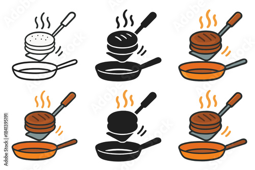 Sizzling Burger Styles. Spatula lifting a sizzling burger from a pan with motion lines, first in line style with thin outline,