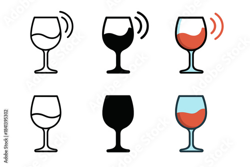 Wine Sip Evolution. Wine glass on table with red wine and motion arcs indicating sip, first in line style with thin outline,