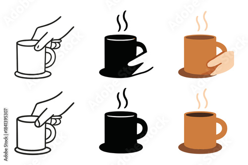 Artistic Coffee Mug Series. Hand placing coffee mug leaving subtle stain and aroma lines, first in line style with thin outline,