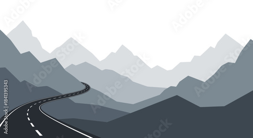 Winding road traversing through a serene and layered mountain landscape.