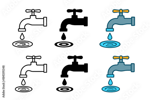 Faucet Art Styles. Sink faucet with running droplet and animated ripple lines, first in line style with thin outline, second in