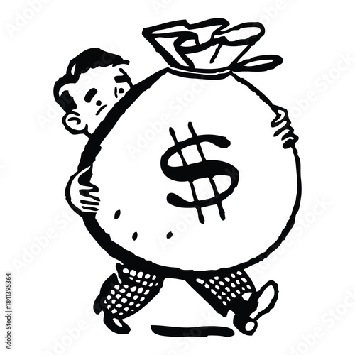Money Bag Cartoon Clipart – Person Carrying Oversized Dollar Sack in Black and White Style