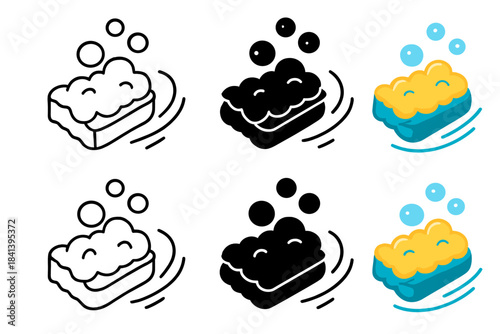 Dynamic Sponge Cleaning. Foamy sponge with bubbles rising and motion arcs showing cleaning action, first in line style with thin