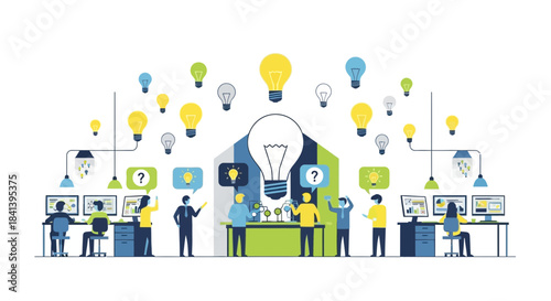 Business people collaborating on innovative ideas with light bulbs.