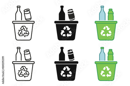 Recycling Bin Styles. Glass and plastic sorted in recycling bins first in line style with thin outline, second in solid style