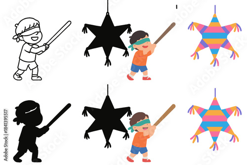 Pinata Swing Styles. Child swinging stick at pinata midair first in line style with thin outline, second in solid style filled