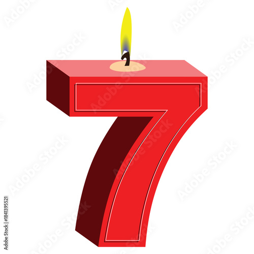 Red Number 7 Candle with Flame – Birthday Celebration Vector for Age Milestones and Party Decor