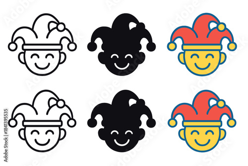 Jester Faces Evolution. Smiling jester face wearing playful hat first in line style with thin outline, second in solid style