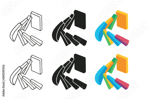 Dominoes Cascade Art. Circular arrangement of dominoes toppling inward first in line style with thin outline, second in solid