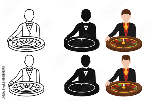 Roulette Wheel Styles. Dealer hand spinning roulette wheel in motion first in line style with thin outline, second in solid style