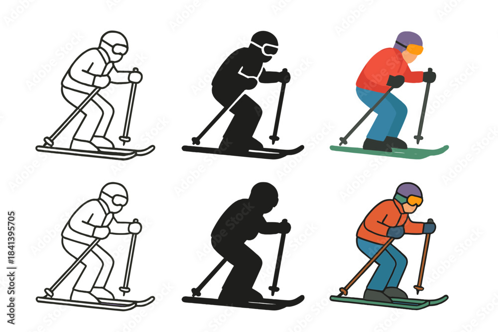 Fototapeta premium Stylized Skier Variations. Skier gliding downhill holding ski poles firmly first in line style with thin outline, second in solid