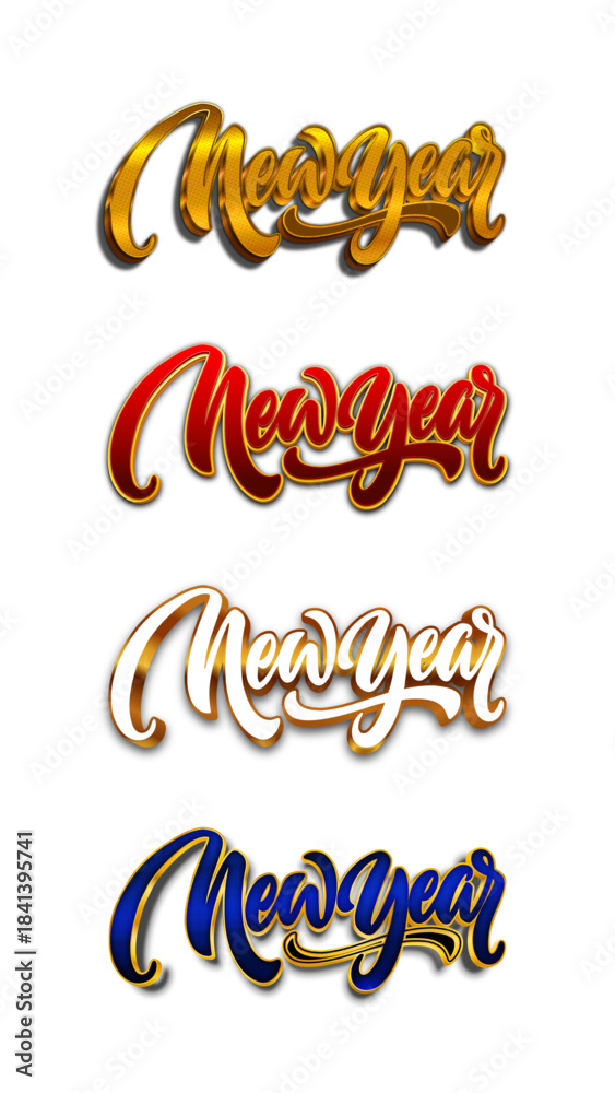 Fototapeta premium New Year Lettering Vector Set, Handwritten Script Typography for Holiday Greeting Card, Banner, and Celebration Poster Design with Metallic Text Effect.