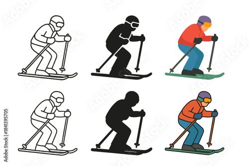 Stylized Skier Variations. Skier gliding downhill holding ski poles firmly first in line style with thin outline, second in solid
