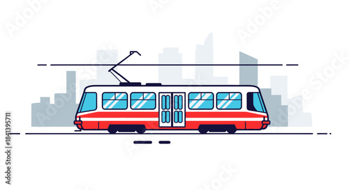 Red and White Tram Public Transportation Vehicle Illustration.
