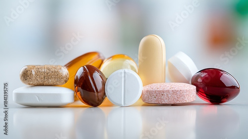 A diverse collection of vitamins and supplements showcasing various shapes and colors, emphasizing health and wellness.