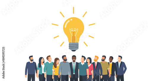 Diverse group of people brainstorming with a bright lightbulb.