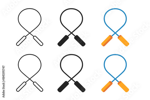 Jump Rope Handle Art. Handles of jump rope crossing mid spin motion first in line style with thin outline, second in solid style