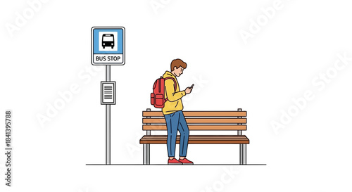 Young man with a red backpack using his smartphone while waiting at a bus stop.