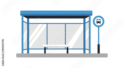Modern Blue Bus Stop Shelter with Seating and Sign.