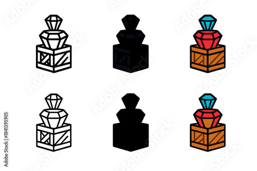 Colorful Gem Stack. Crate Gem Stack first in line style with thin outline, second in solid style filled shape, third in flat style